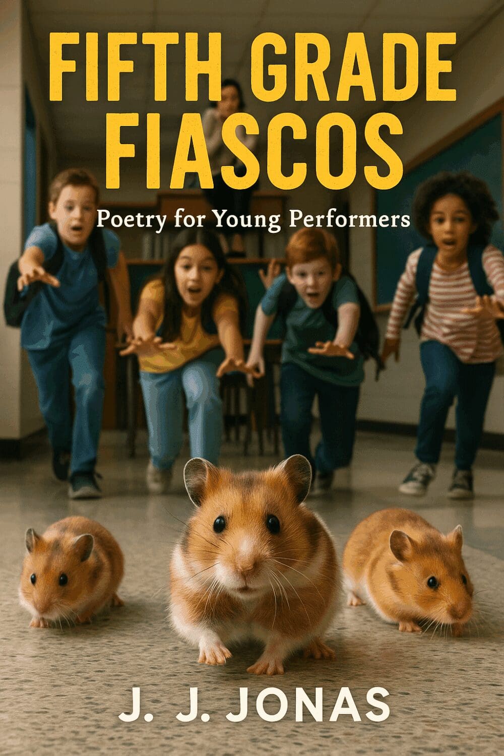 Four young performers and three hamsters in a playful scene.
