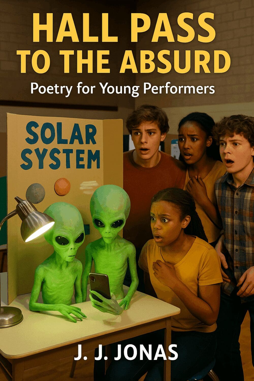 Children amazed by two green aliens in a science-themed setting.
