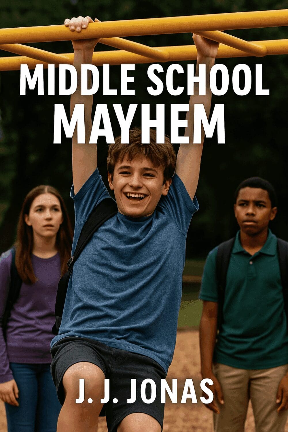Three middle school students outside, one excited in front.