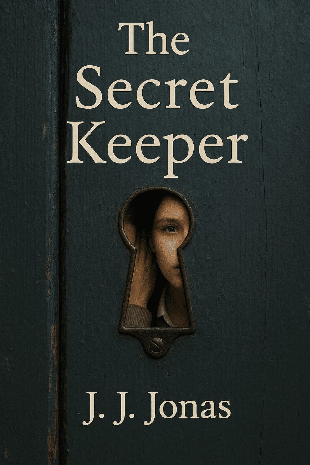 Book titled 'Secret Keeper' with a keyhole revealing a woman's face.
