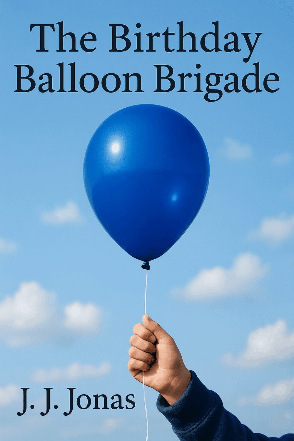 Hand holding blue balloon against sky background.
