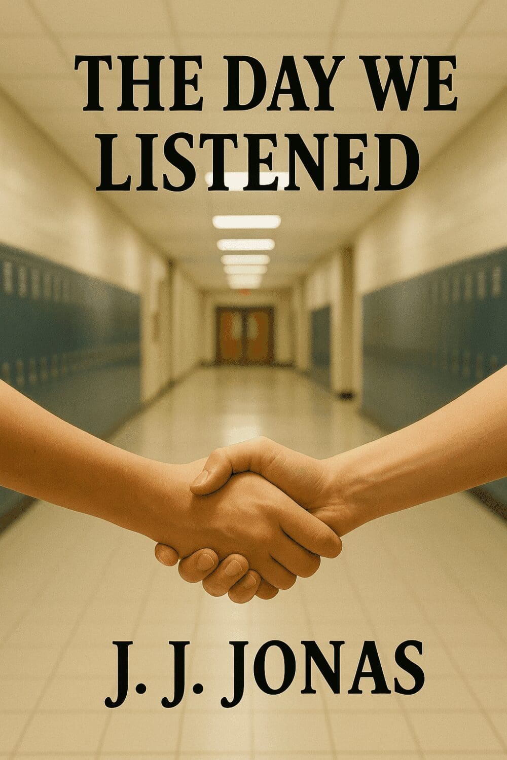 Two hands shaking in school hallway.