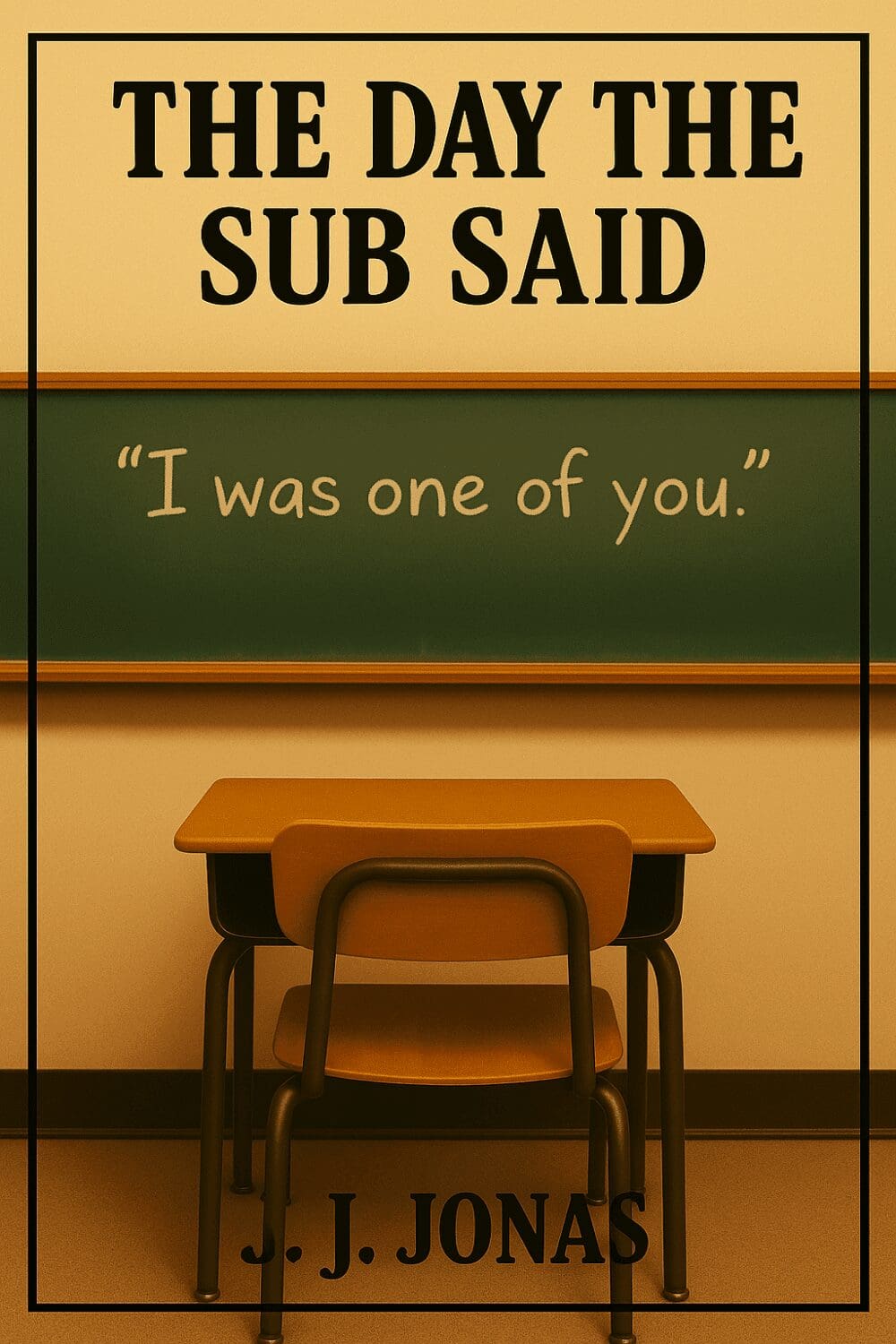 Classroom with book cover text and desk.