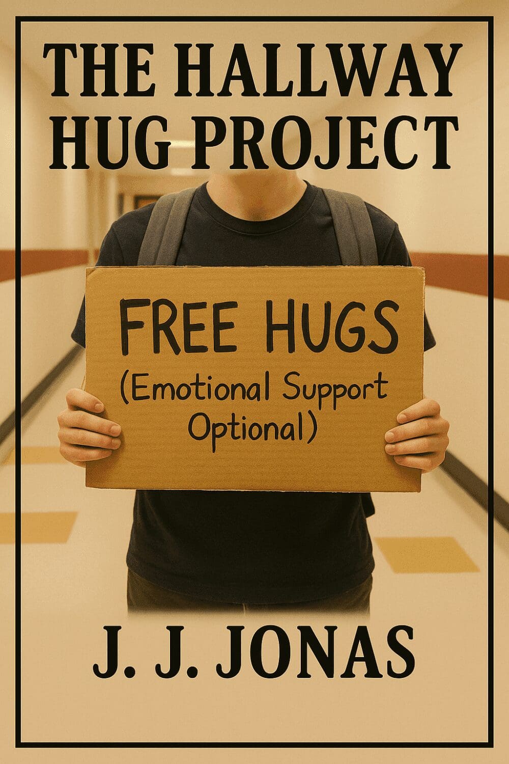 Person holding "Free Hugs" sign in hallway.