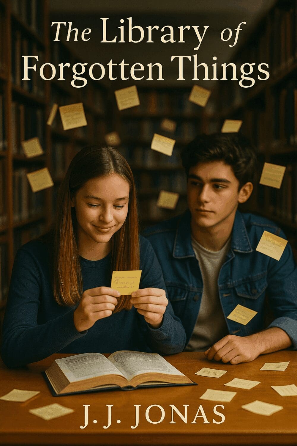 Two people in library with sticky notes.