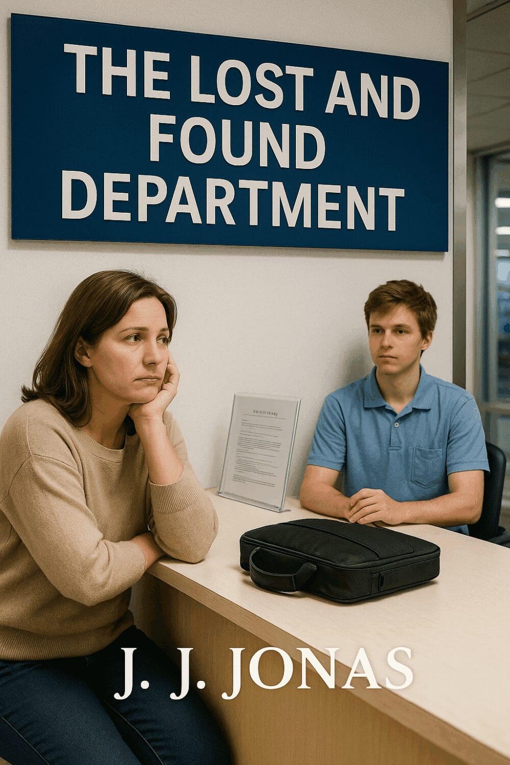 Two people at lost and found counter.