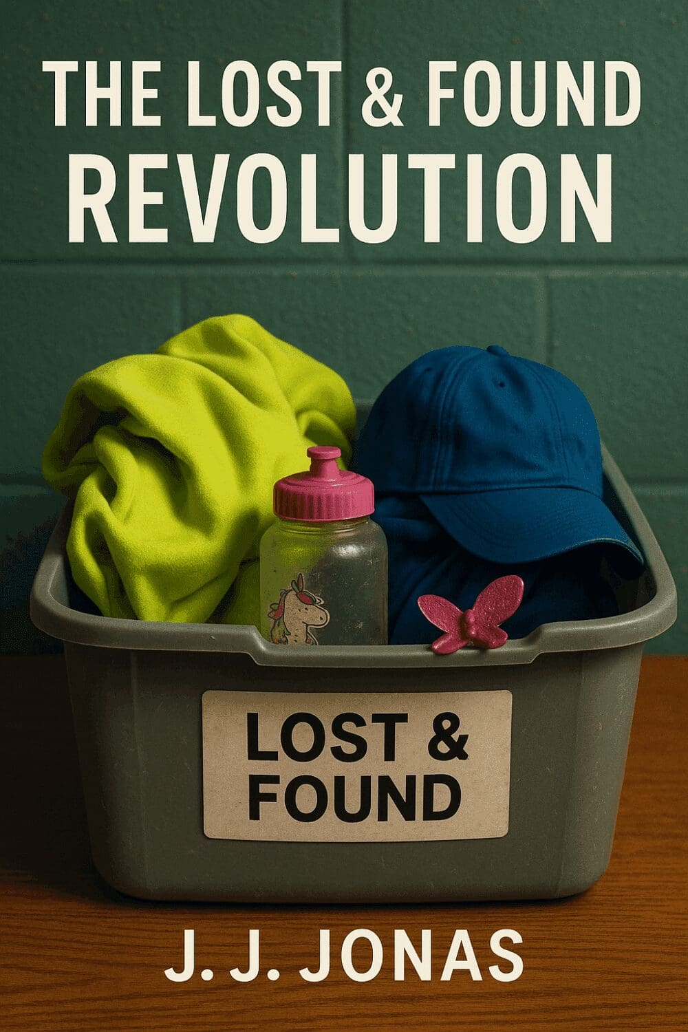 Lost and found box with various items.