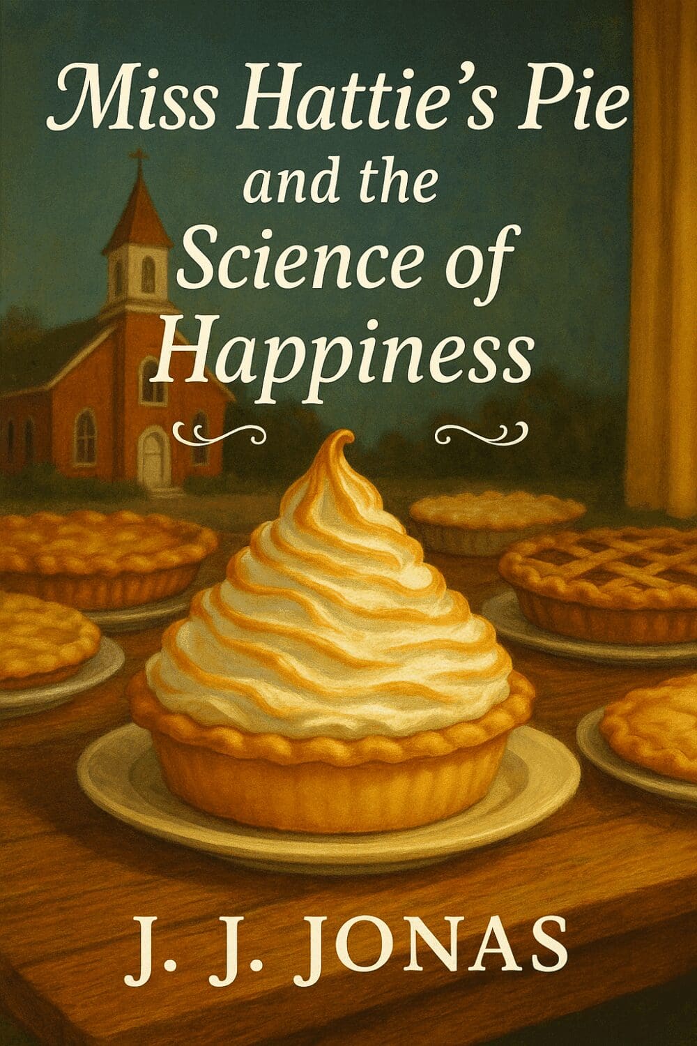 Book cover with pies and a church.