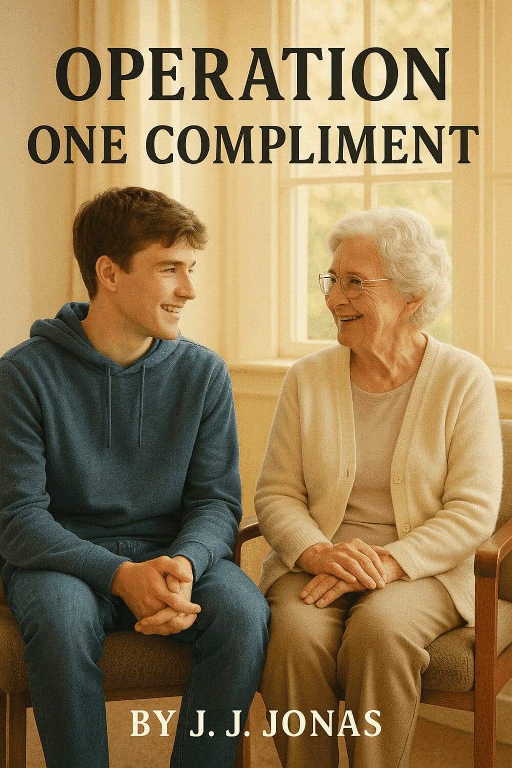 Young man and elderly woman smiling together.