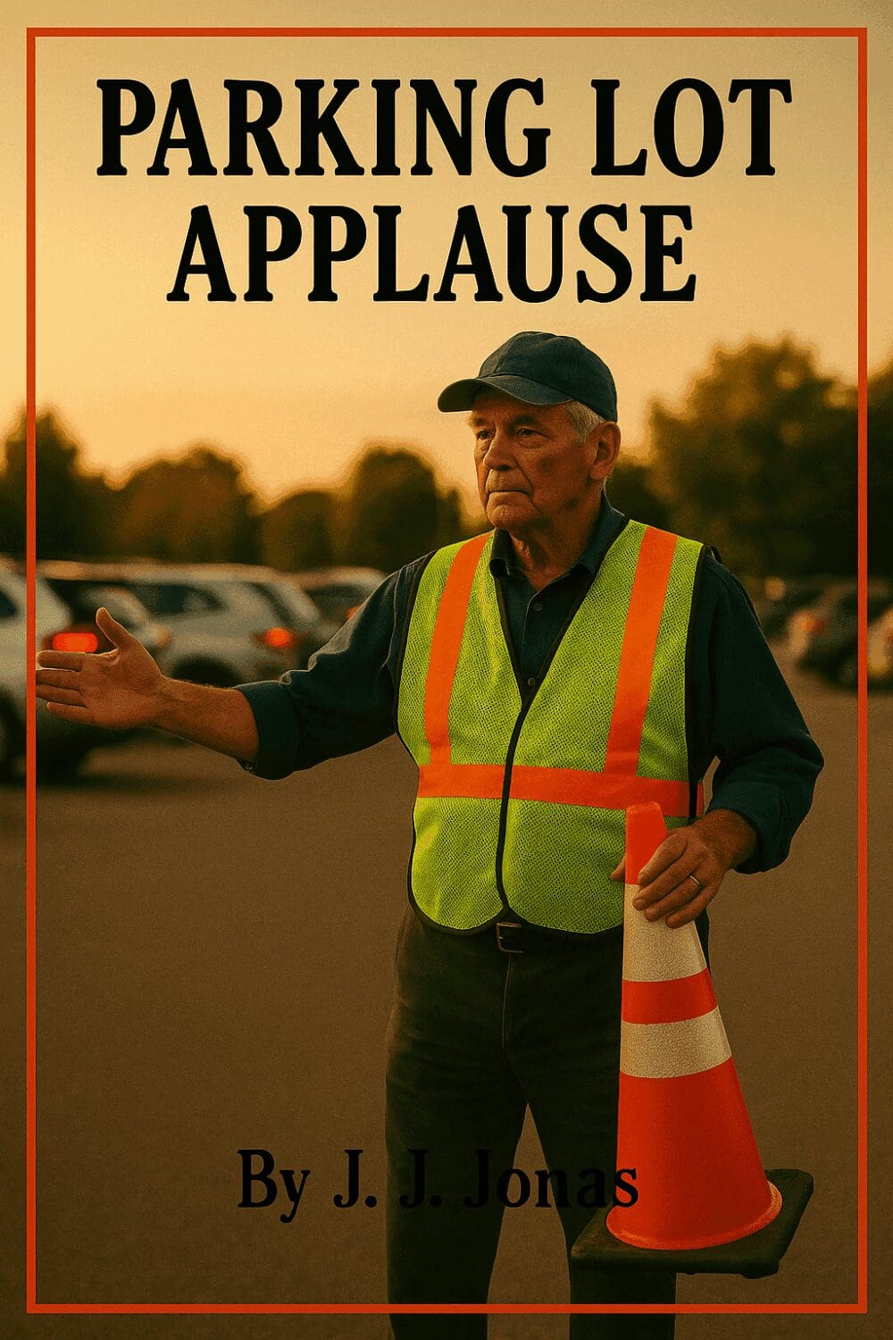 Man directing traffic with cone, sunset background.