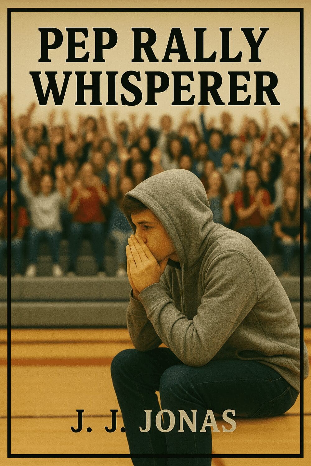 Person sitting quietly at crowded pep rally.
