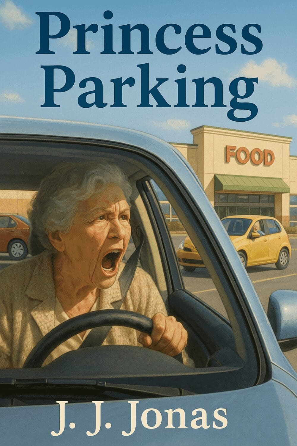 Elderly woman yelling while driving car.
