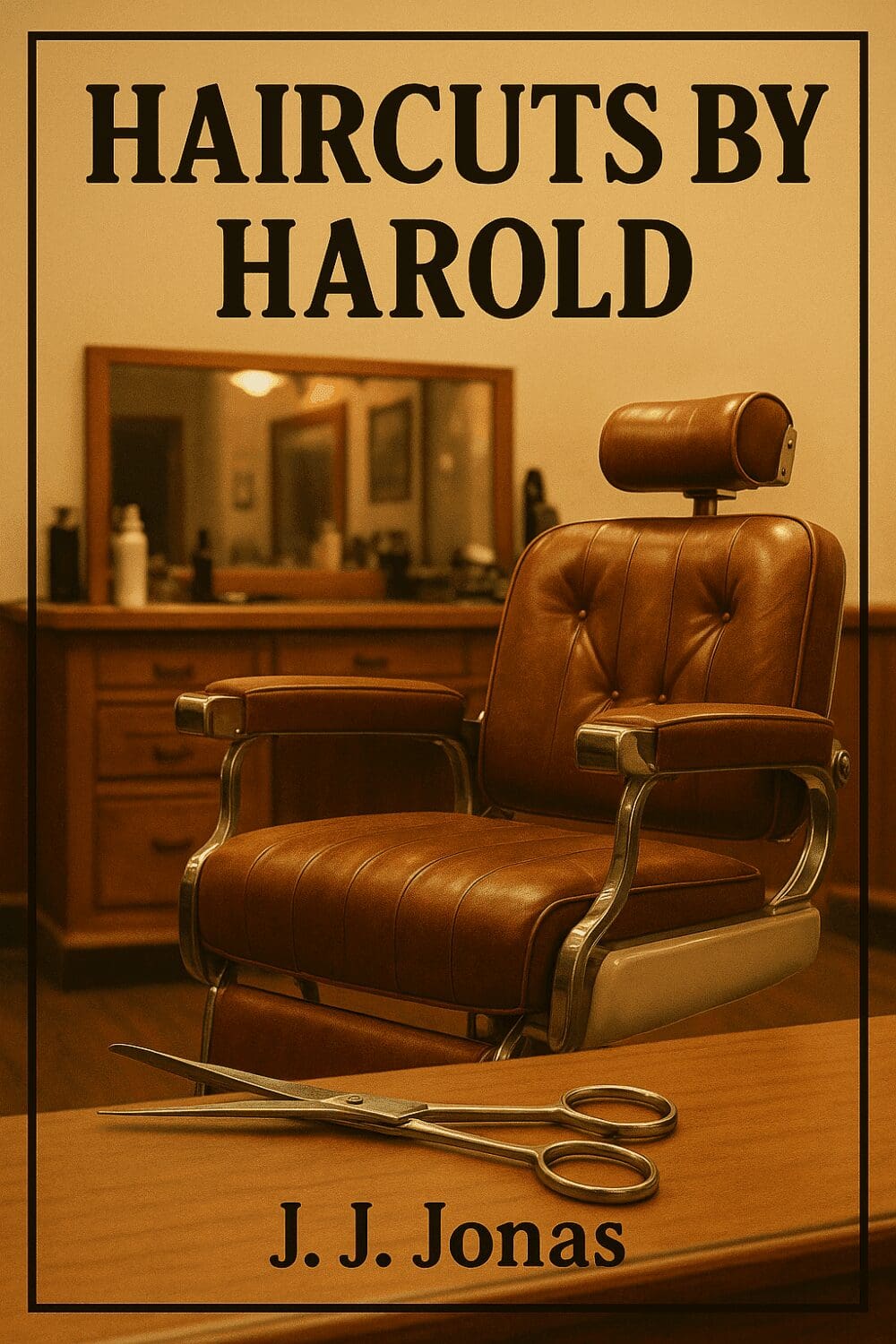 Barber chair with scissors and mirror.