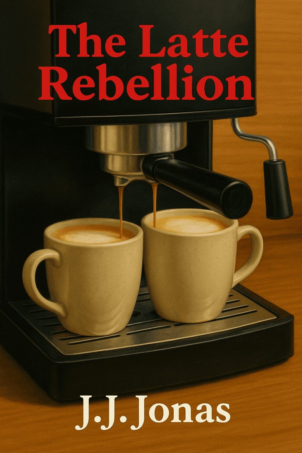 Coffee machine making two lattes, book cover.
