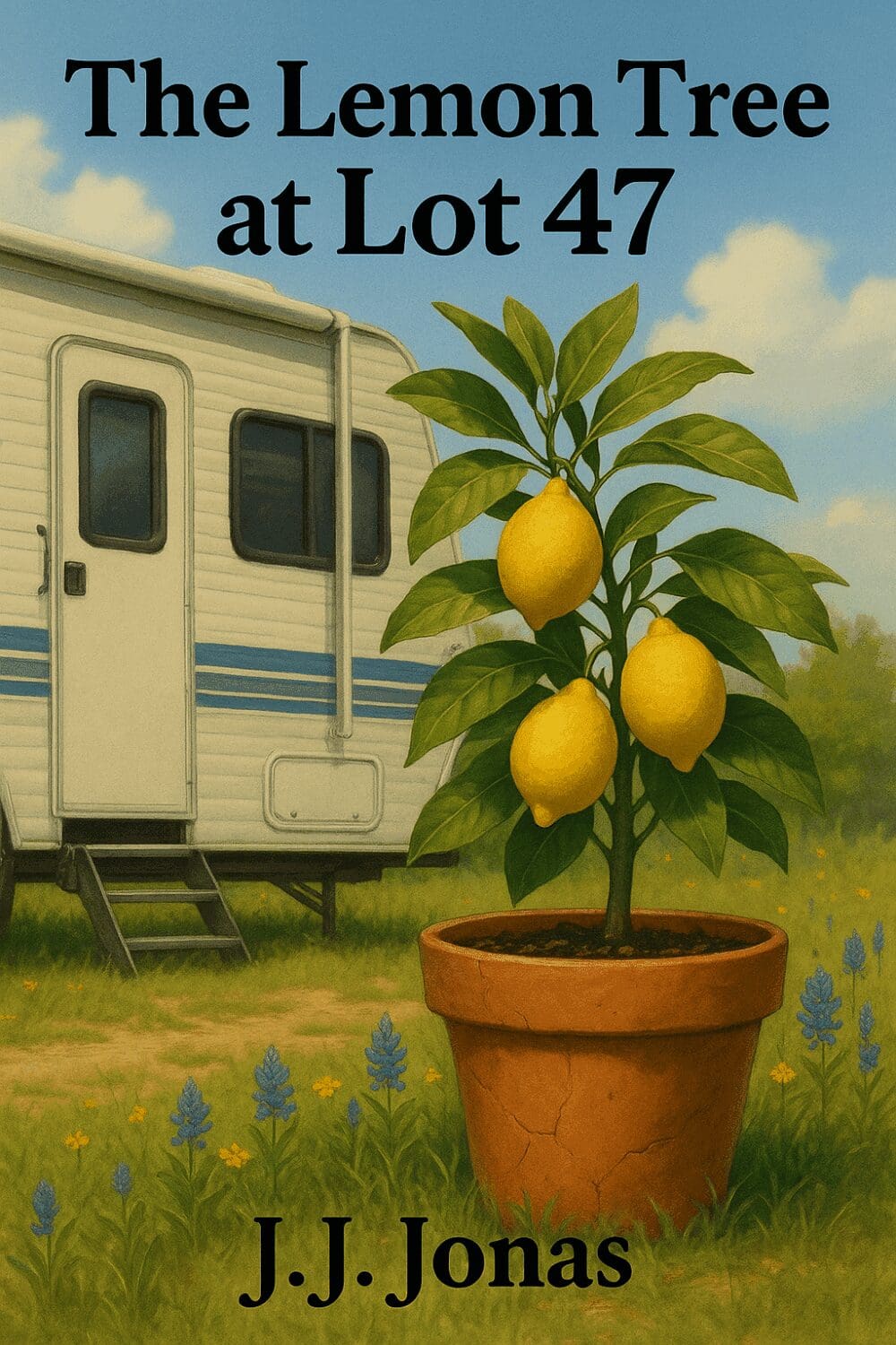 Potted lemon tree beside a trailer.
