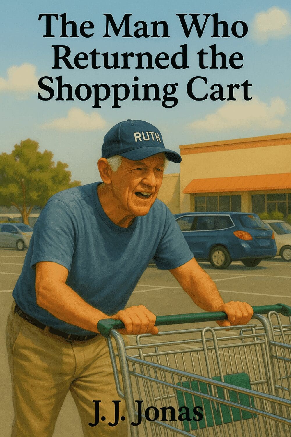 Elderly man returning shopping cart outdoors.