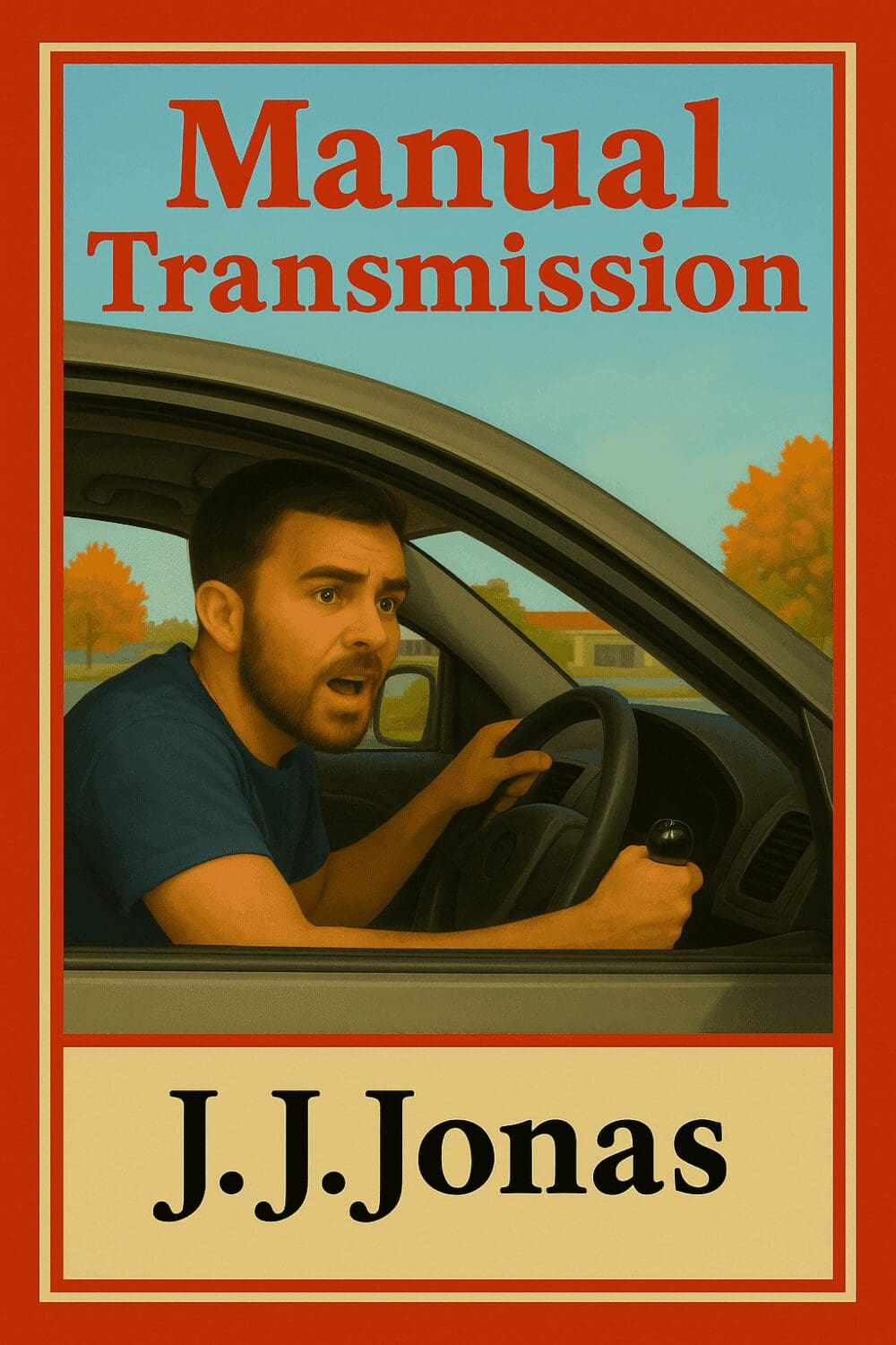 Man driving car on book cover illustration.