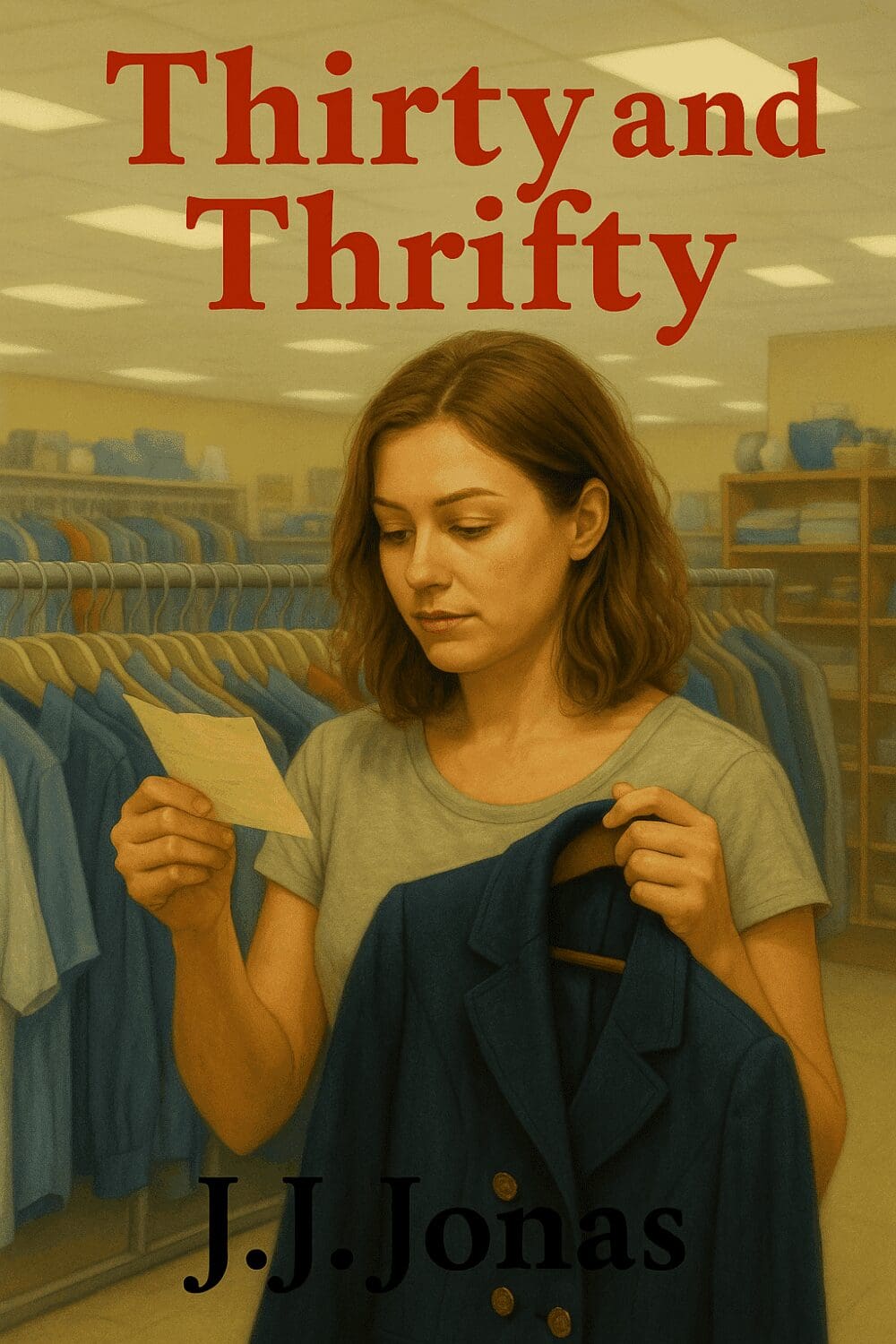 Woman shopping in clothing store, holding receipt.