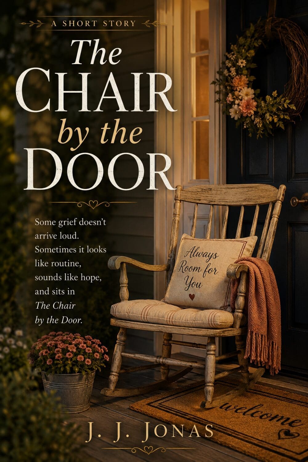 Book cover: rocking chair by door with wreath